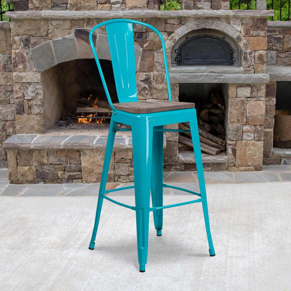 30" High Metal Barstool with Back and Wood Seat - Image 2