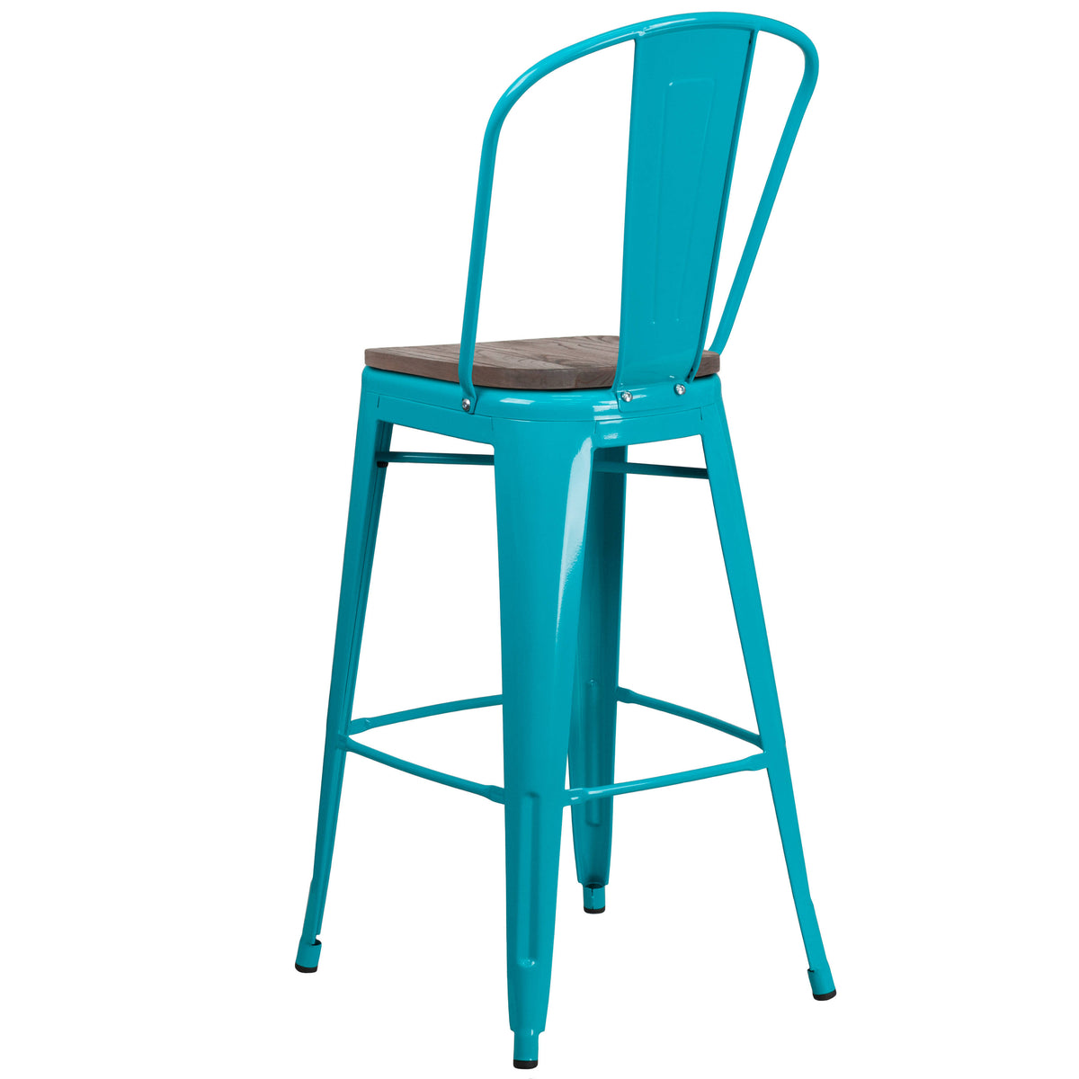 30" High Metal Barstool with Back and Wood Seat - Image 3