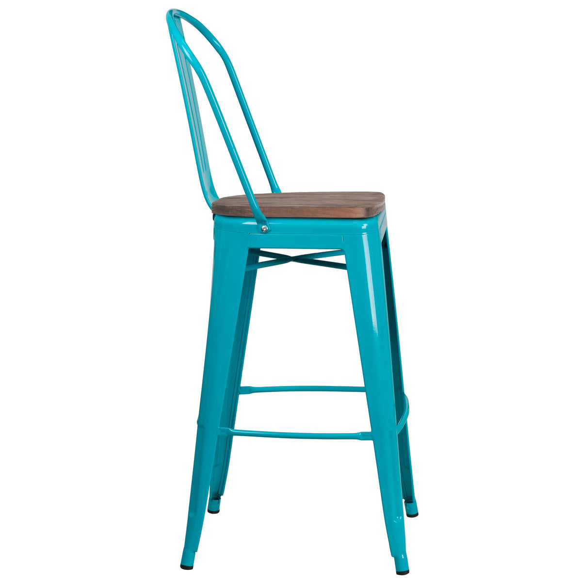 30" High Metal Barstool with Back and Wood Seat - Image 4