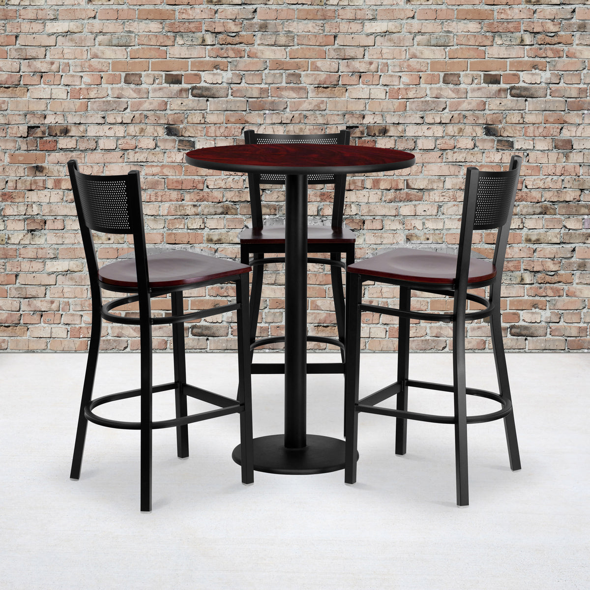 30'' Round Laminate Table Set with 3 Grid Back Metal Barstools - Image 2