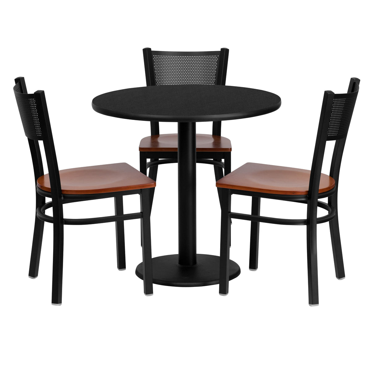 30" Round Laminate Table Set with 3 Metal Chairs - Cherry Wood Seat