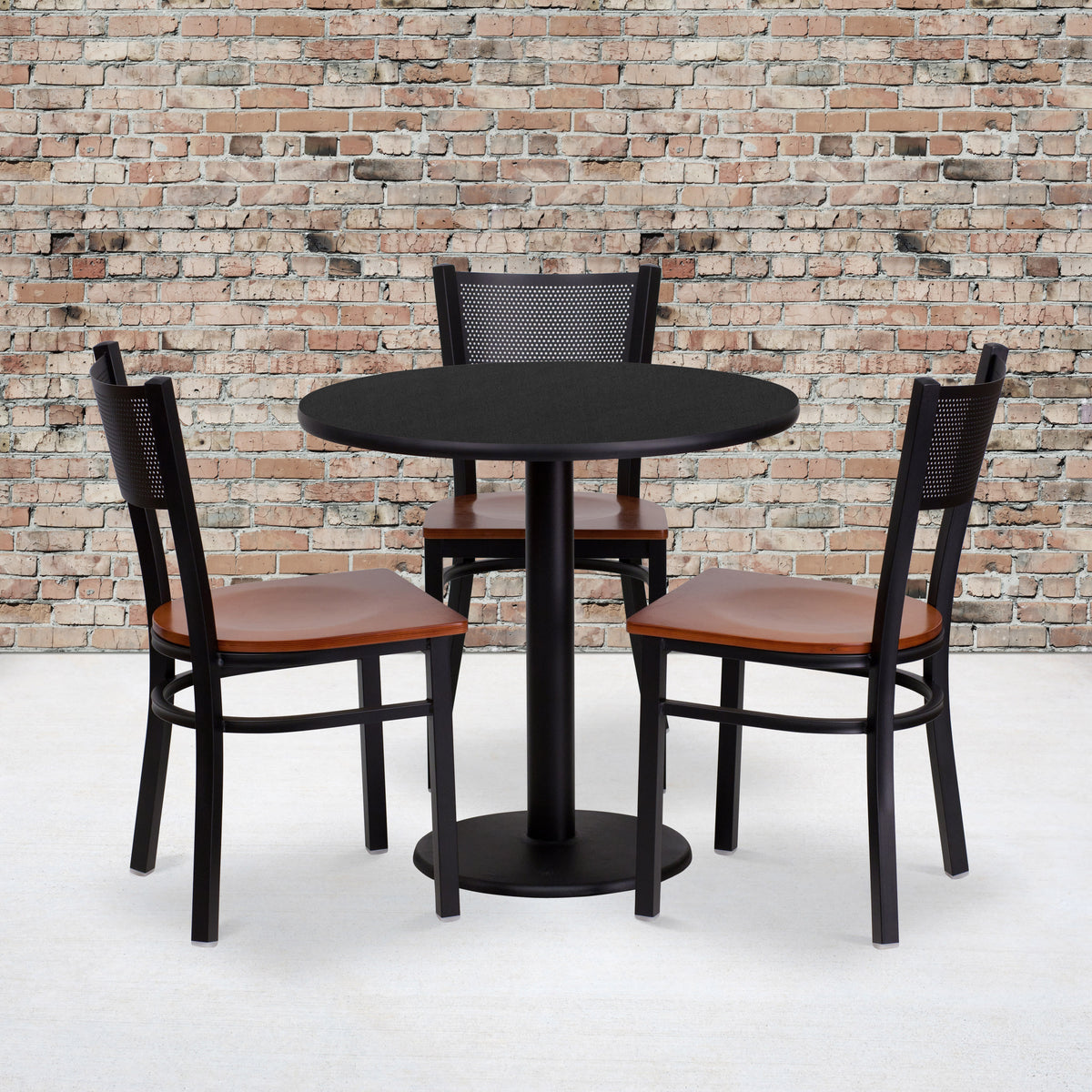 30" Round Laminate Table Set with 3 Metal Chairs - Cherry Wood Seat - Image 2