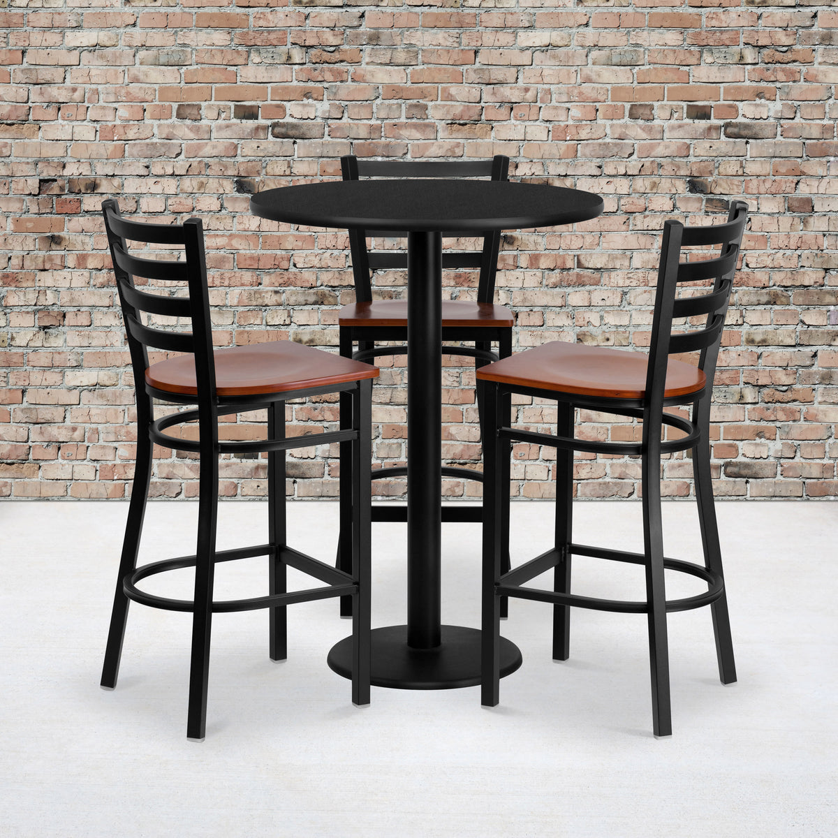 30" Round Laminate Table Set with 3 Metal Barstools - Cherry Wood Seat - Image 2