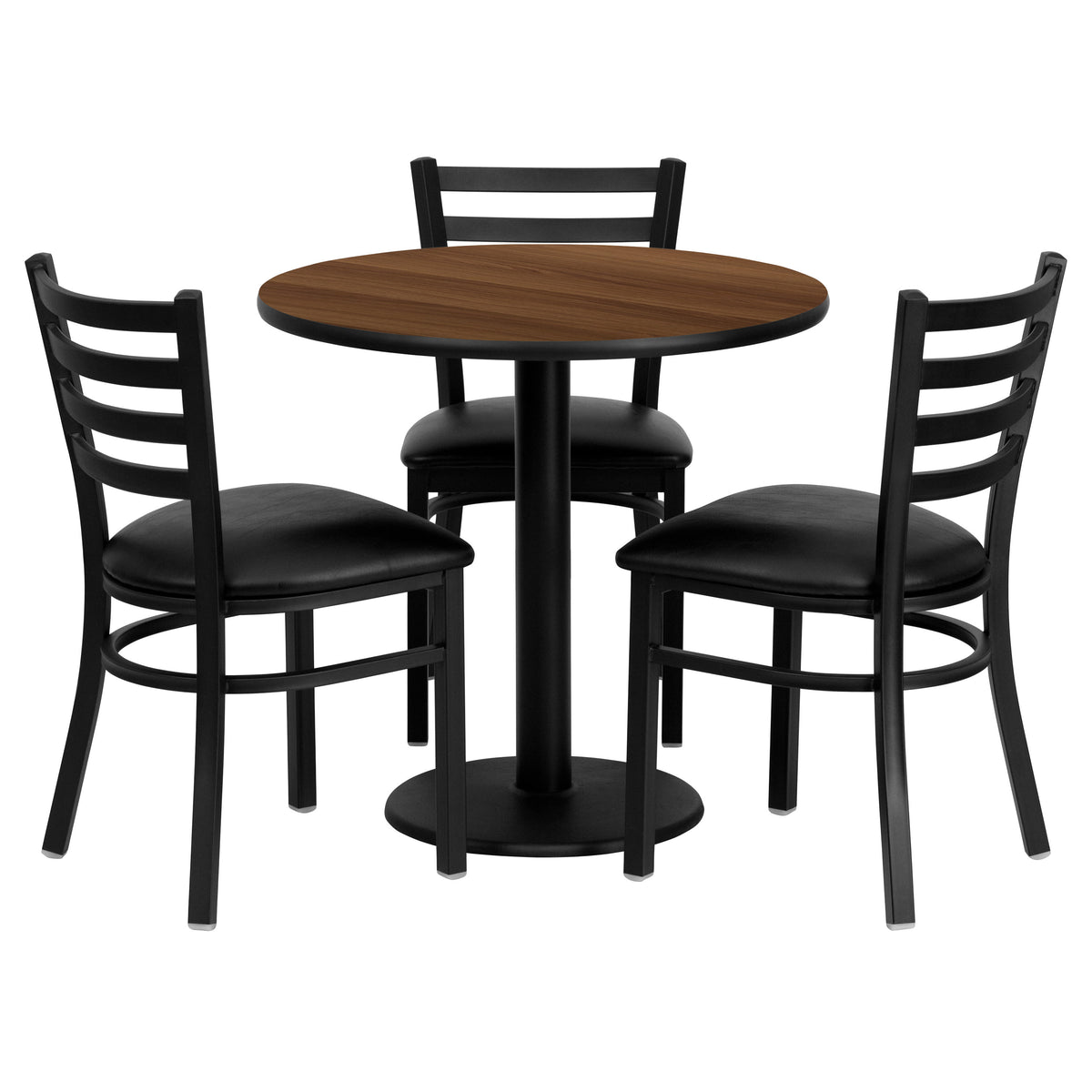 30" Round Walnut Laminate Table Set with 3 Metal Chairs - Vinyl Seat