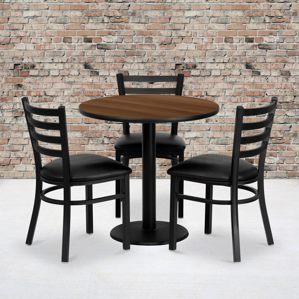 30" Round Walnut Laminate Table Set with 3 Metal Chairs - Vinyl Seat - Image 2