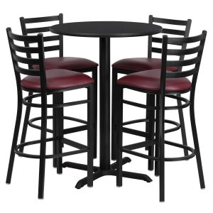 30'' Round Laminate Table Set with X-Base and 4 Ladder Back Metal Barstools