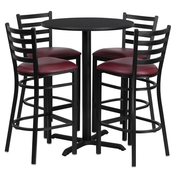 30'' Round Laminate Table Set with X-Base and 4 Ladder Back Metal Barstools