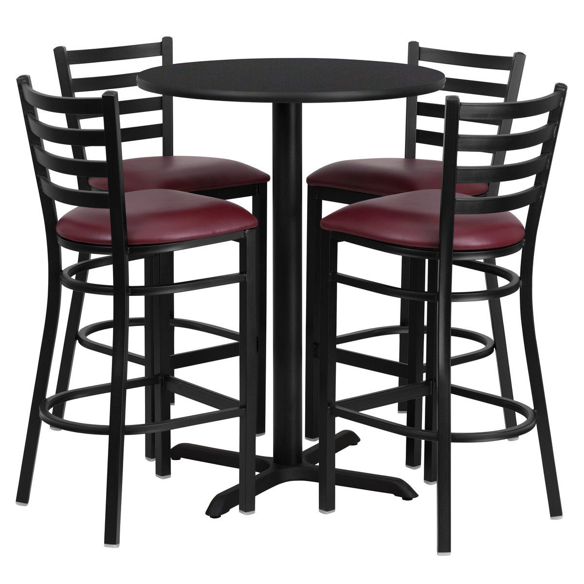 30'' Round Laminate Table Set with X-Base and 4 Ladder Back Metal Barstools