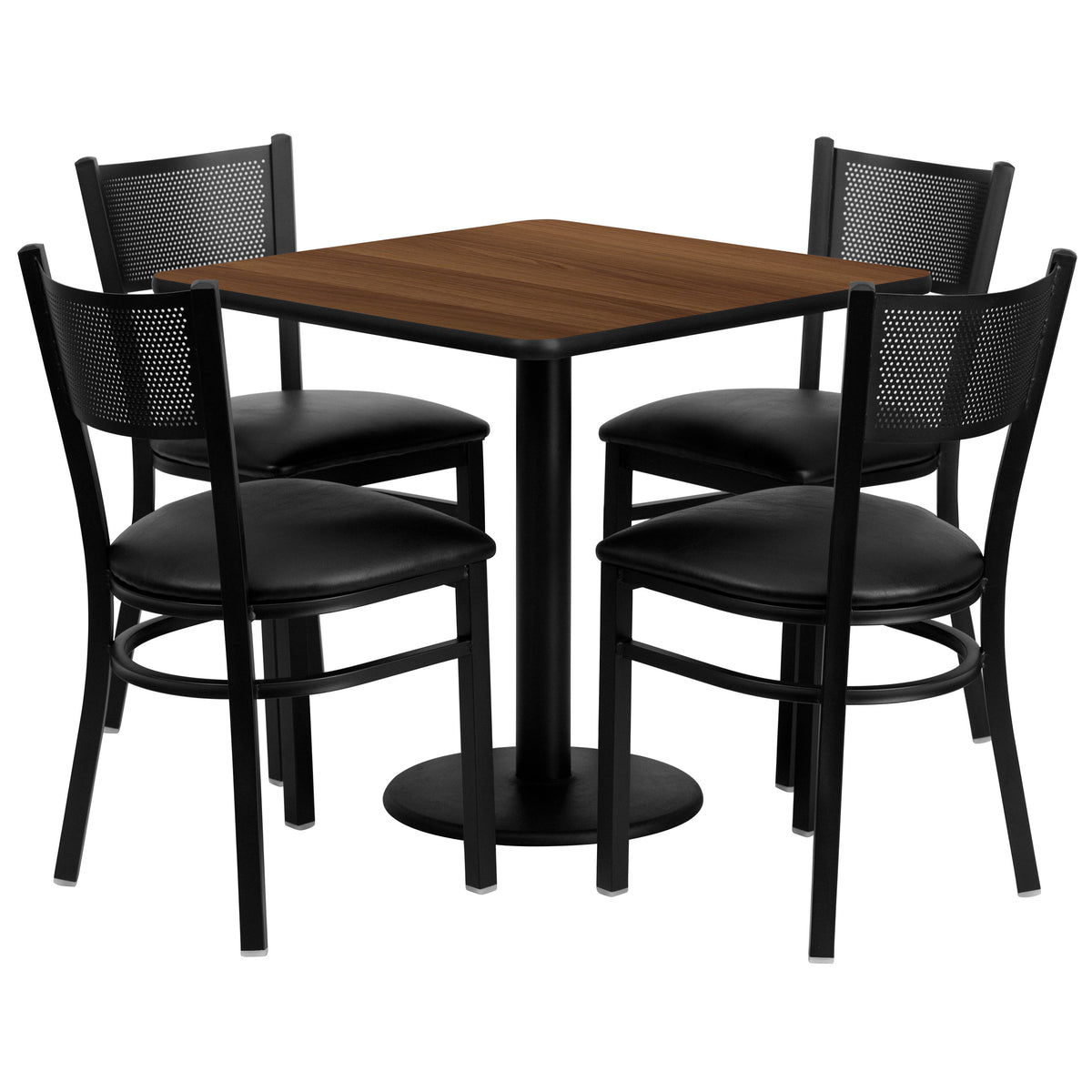 30" Square Walnut Laminate Table Set with 4 Metal Chairs - Vinyl Seat