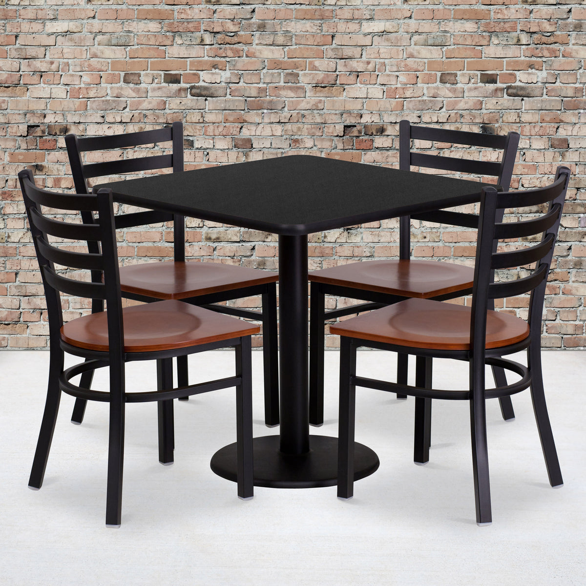 30" Square Laminate Table Set with 4 Metal Chairs - Cherry Wood Seat - Image 2