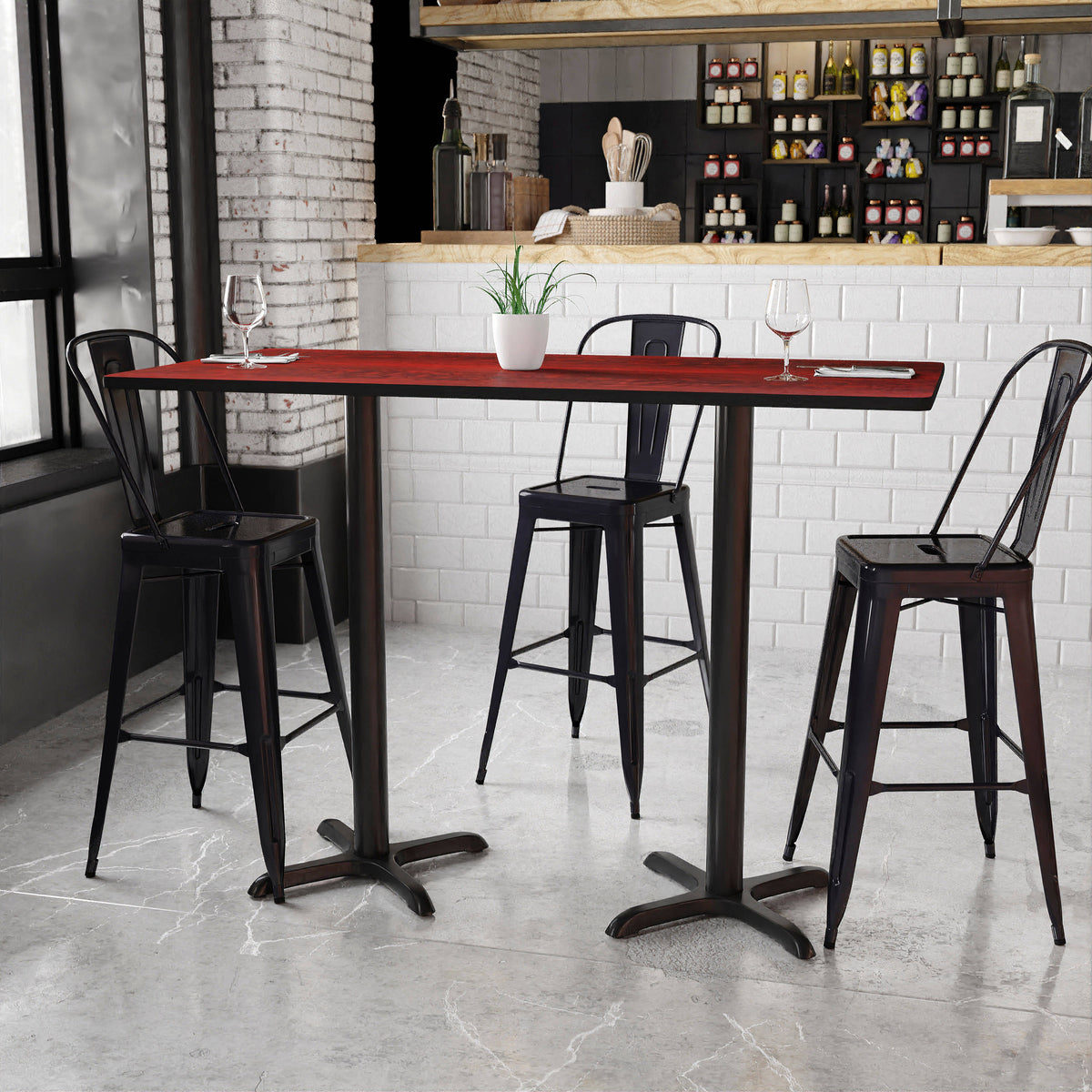 30'' x 60'' Rectangular Table Top with 22'' x 22'' Bar Height Table Bases - Image 4