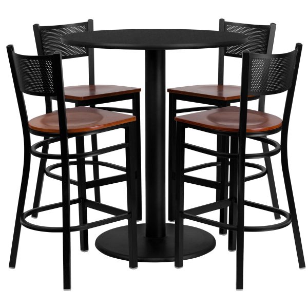 36" Round Laminate Table Set with 4 Metal Barstools - Cherry Wood Seat