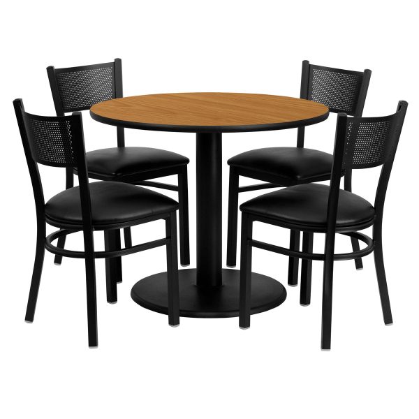 36" Round Natural Laminate Table Set with 4 Metal Chairs - Vinyl Seat