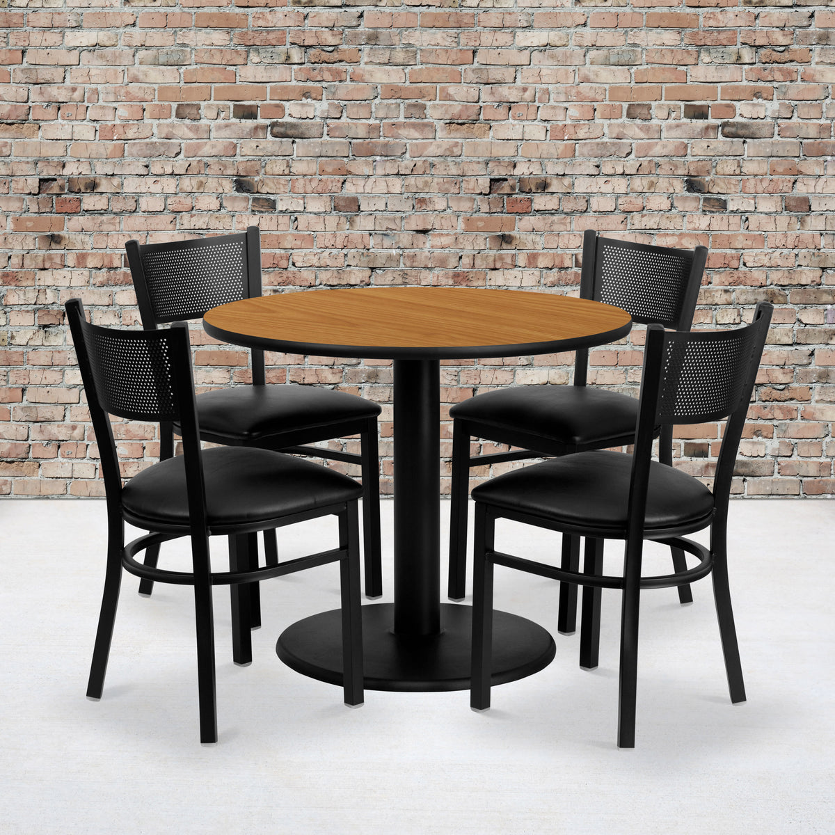 36" Round Natural Laminate Table Set with 4 Metal Chairs - Vinyl Seat - Image 2