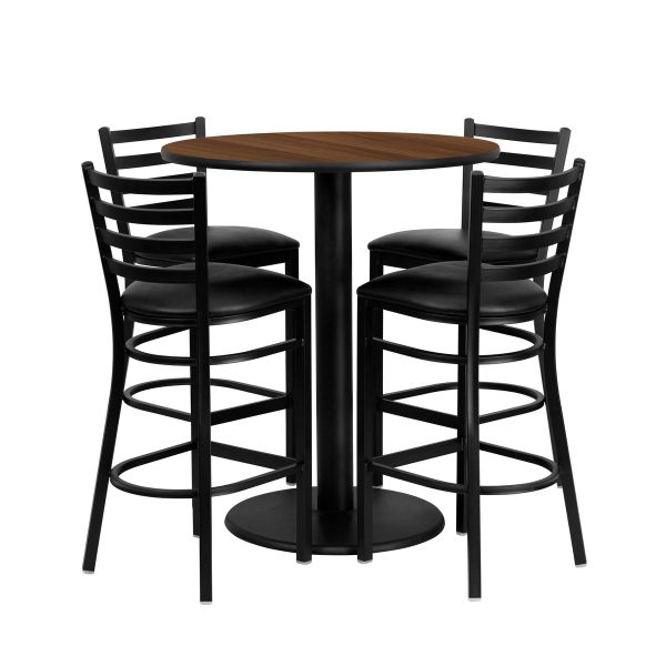 36" Round Walnut Laminate Table Set with 4 Metal Barstools - Vinyl Seat