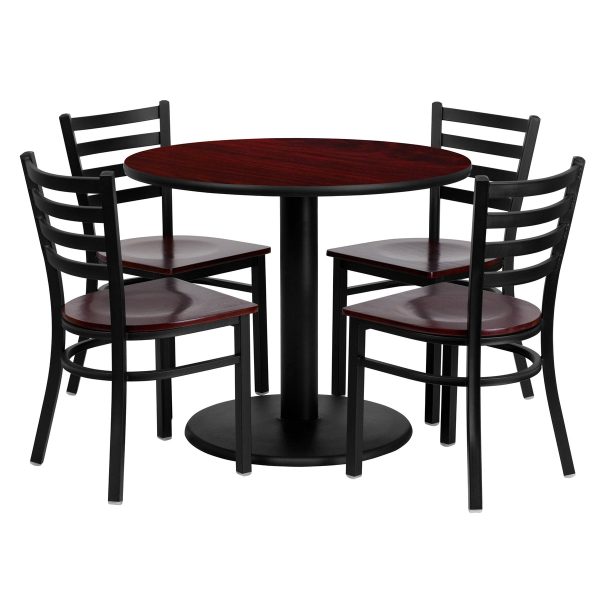36" Round Mahogany Laminate Table Set with 4 Metal Chairs - Mahogany Wood Seat