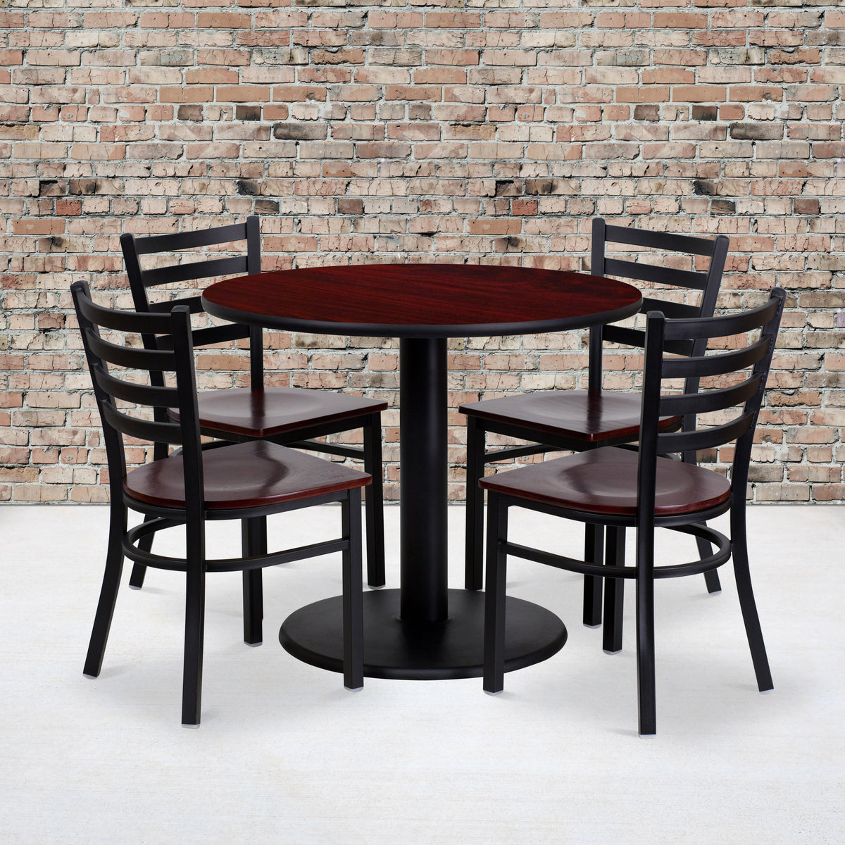 36" Round Mahogany Laminate Table Set with 4 Metal Chairs - Mahogany Wood Seat - Image 2