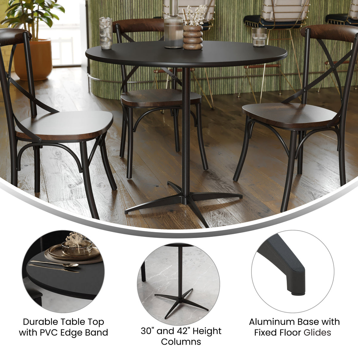 36" Round Wood Commercial Grade Cocktail Table with 30" and 42" Columns - Image 3
