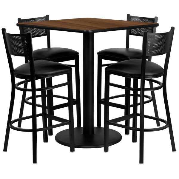 36" Square Walnut Laminate Table Set with 4 Metal Barstools - Vinyl Seat