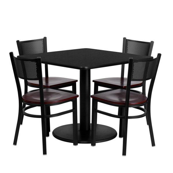 36" Square Laminate Table Set with 4 Metal Chairs - Mahogany Wood Seat