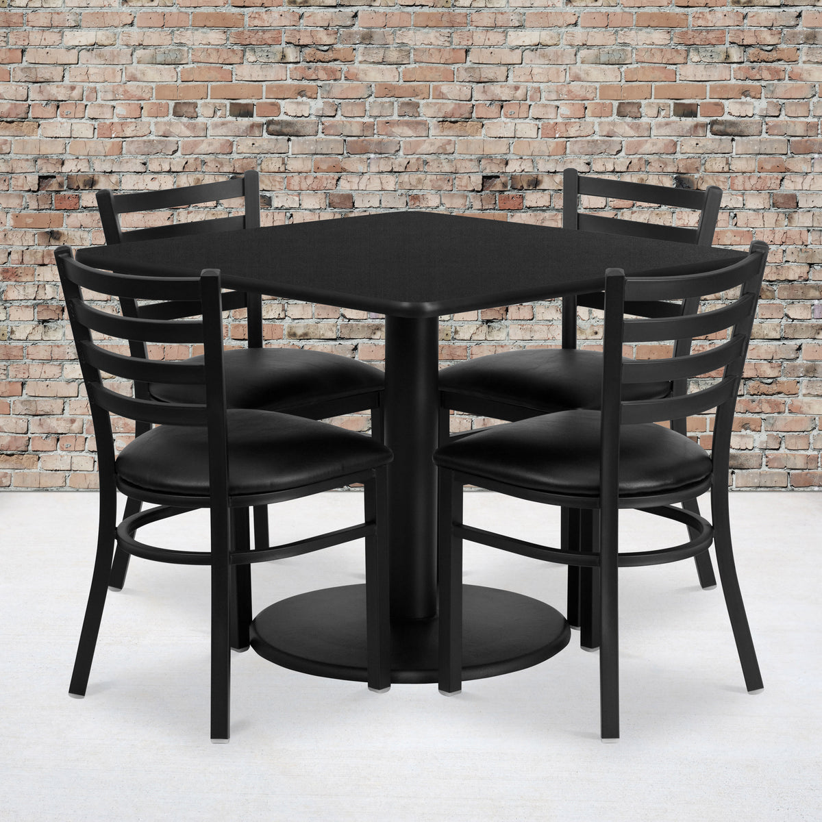 36'' Square Laminate Table Set with Round Base and 4 Ladder Back Metal Chairs - Image 2