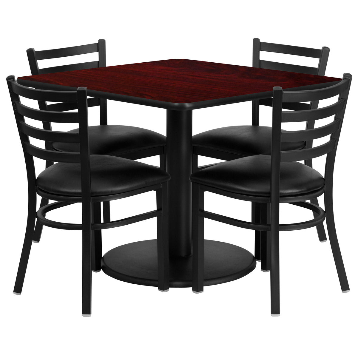 36'' Square Laminate Table Set with Round Base and 4 Ladder Back Metal Chairs - Image 3