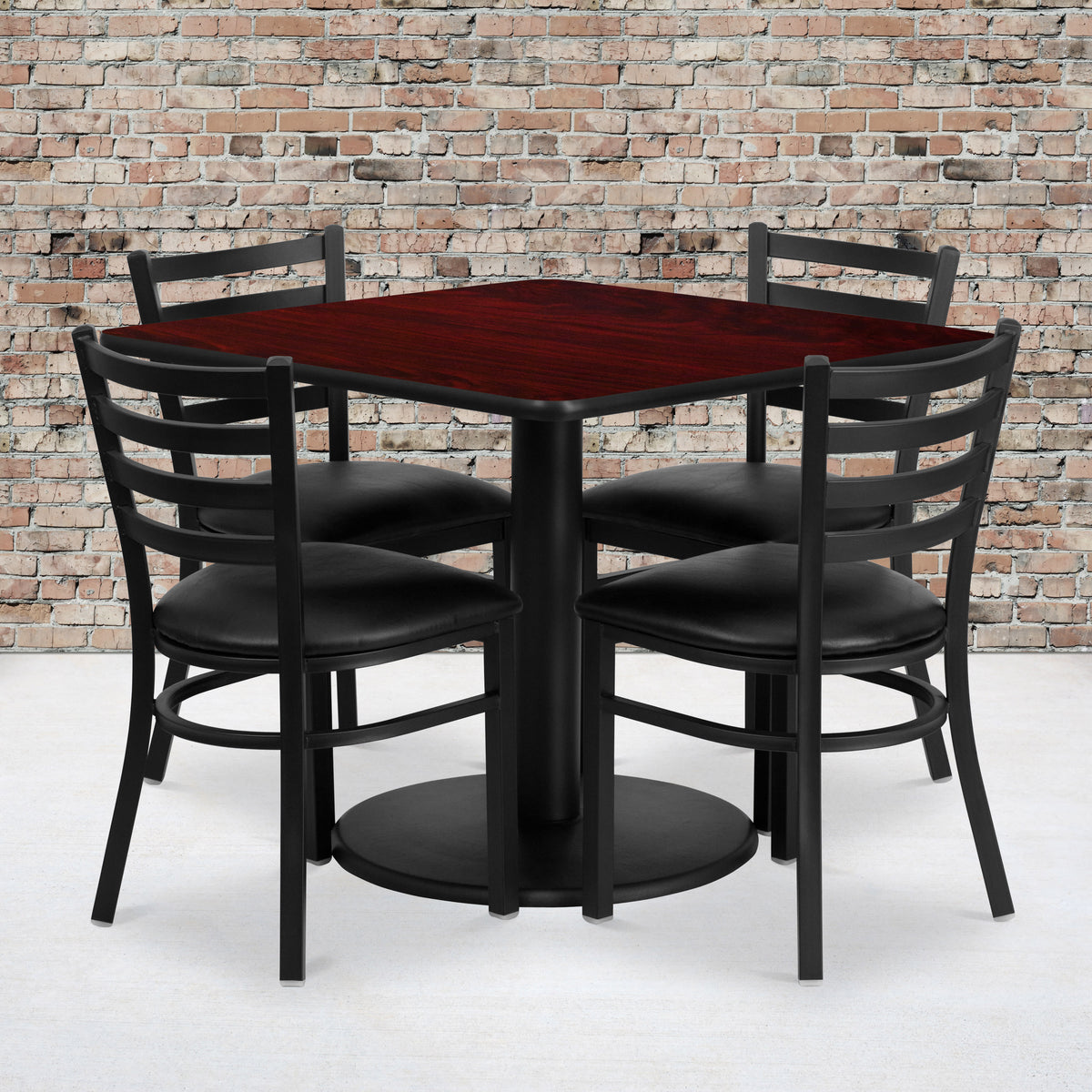36'' Square Laminate Table Set with Round Base and 4 Ladder Back Metal Chairs - Image 4