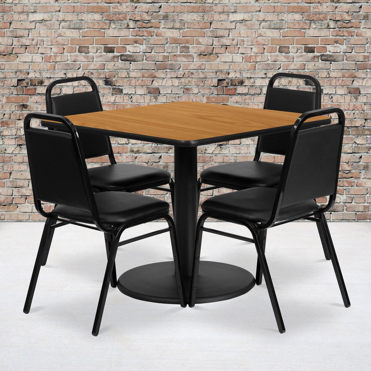 36'' Square Table Set with Round Base and 4 Trapezoidal Back Banquet Chairs - Image 2