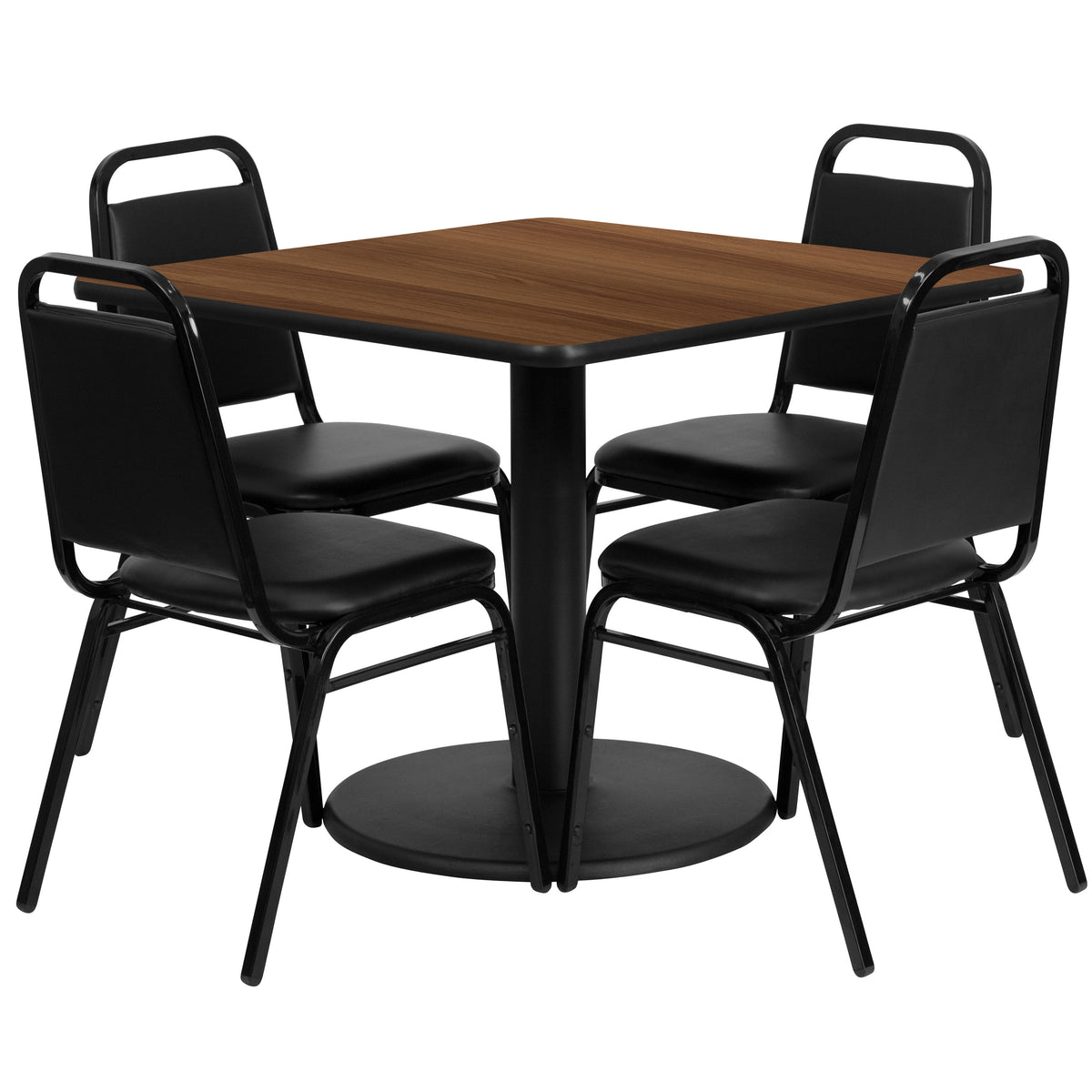 36'' Square Table Set with Round Base and 4 Trapezoidal Back Banquet Chairs - Image 3