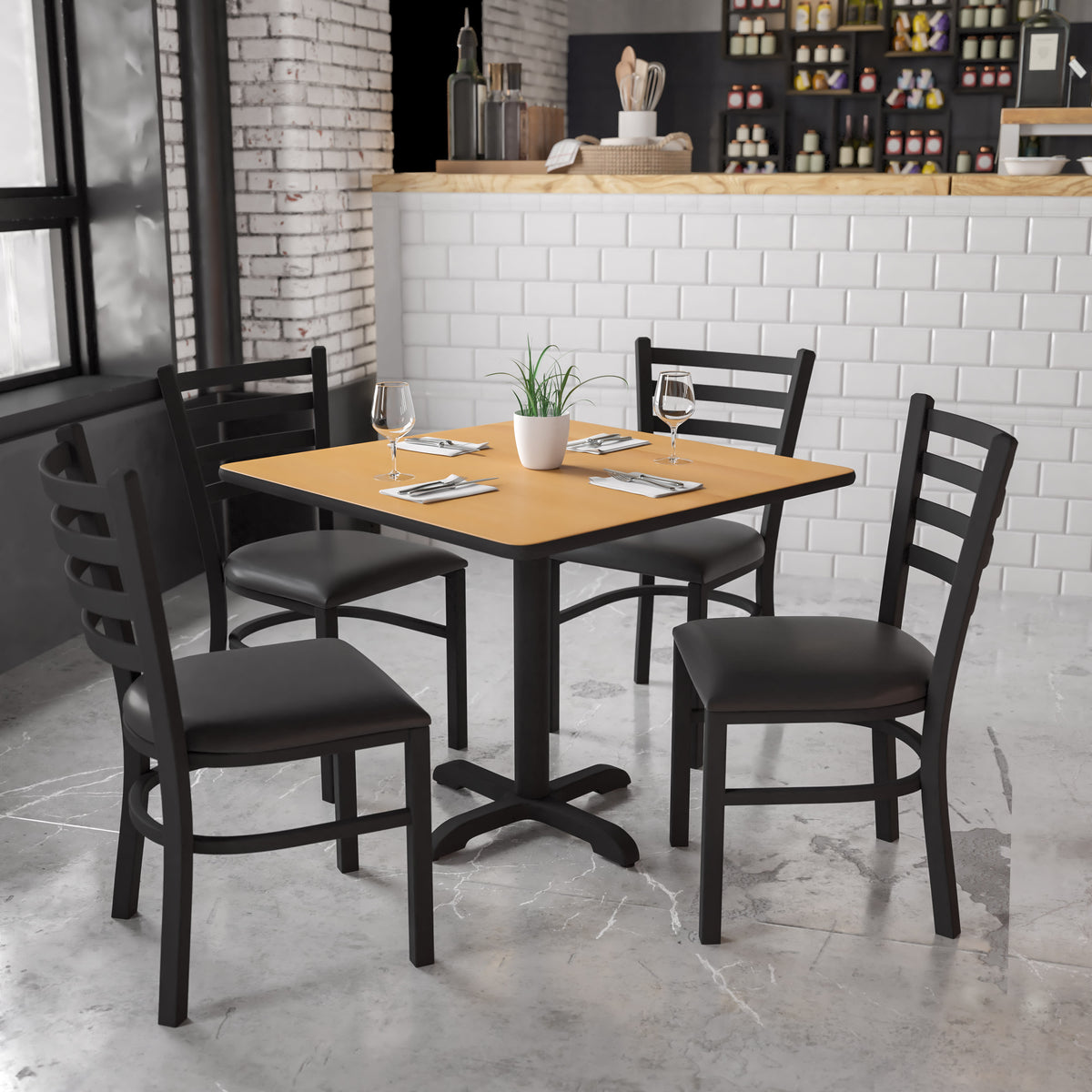 36'' Square Laminate Table Set with X-Base and 4 Ladder Back Metal Chairs - Image 2