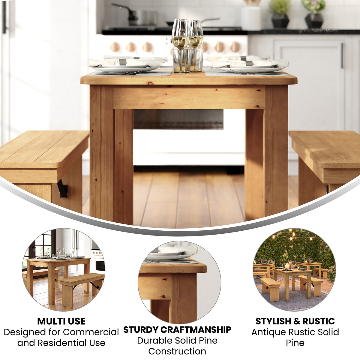 46" x 30" Rectangular Antique Rustic Solid Pine Farm Dining Table - Image 3