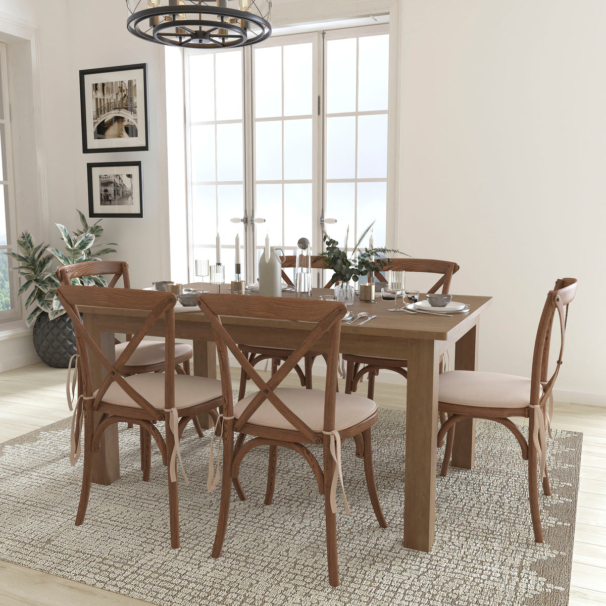 60" x 38" Antique Rustic Farm Table Set with 6 Cross Back Chairs and Cushions - Image 2
