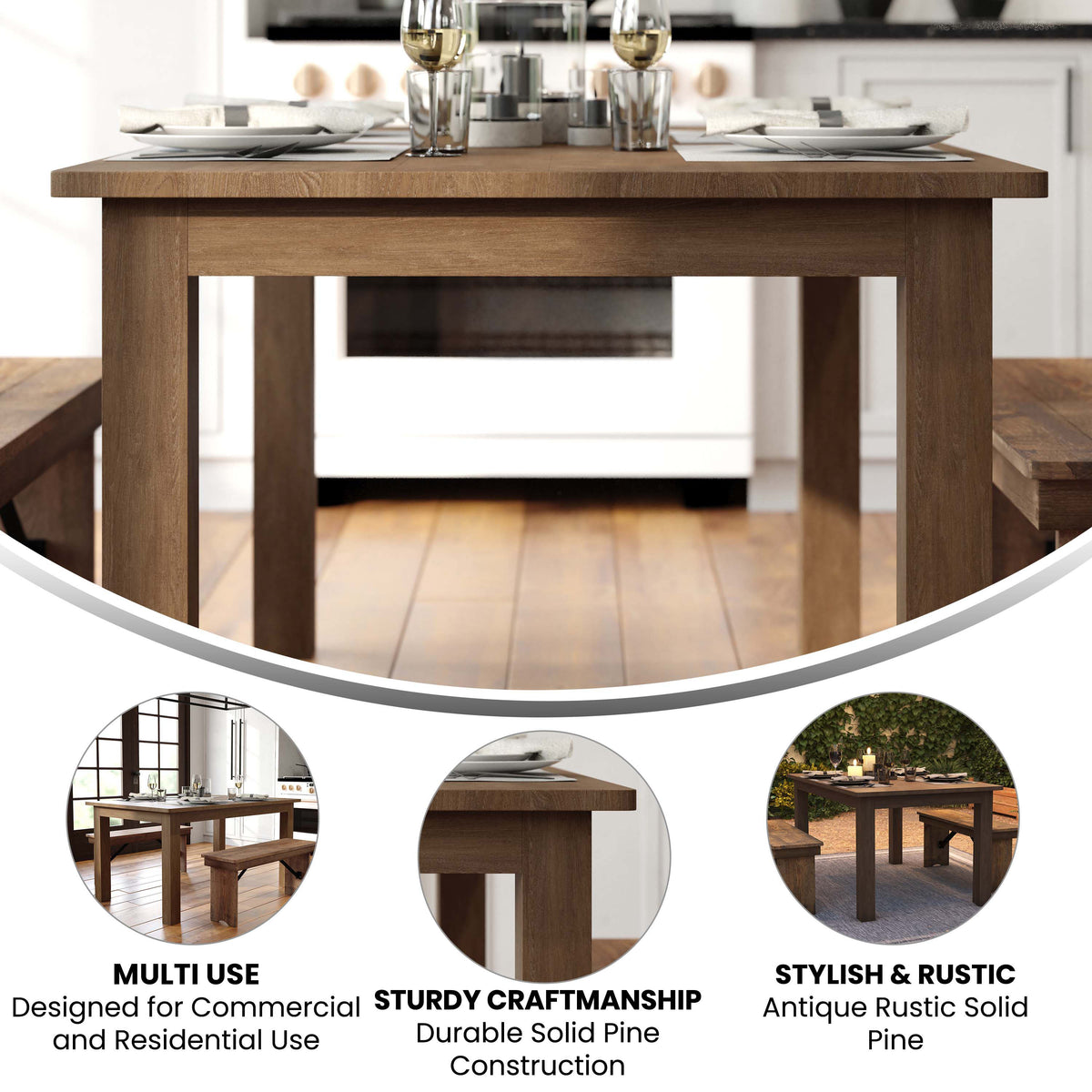 60" x 38" Rectangular Antique Rustic Solid Pine Farm Dining Table - Image 3
