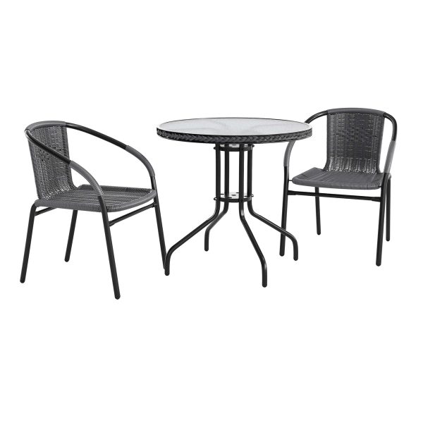 28'' Round Glass Metal Table with Rattan Edging and 2 Rattan Stack Chairs