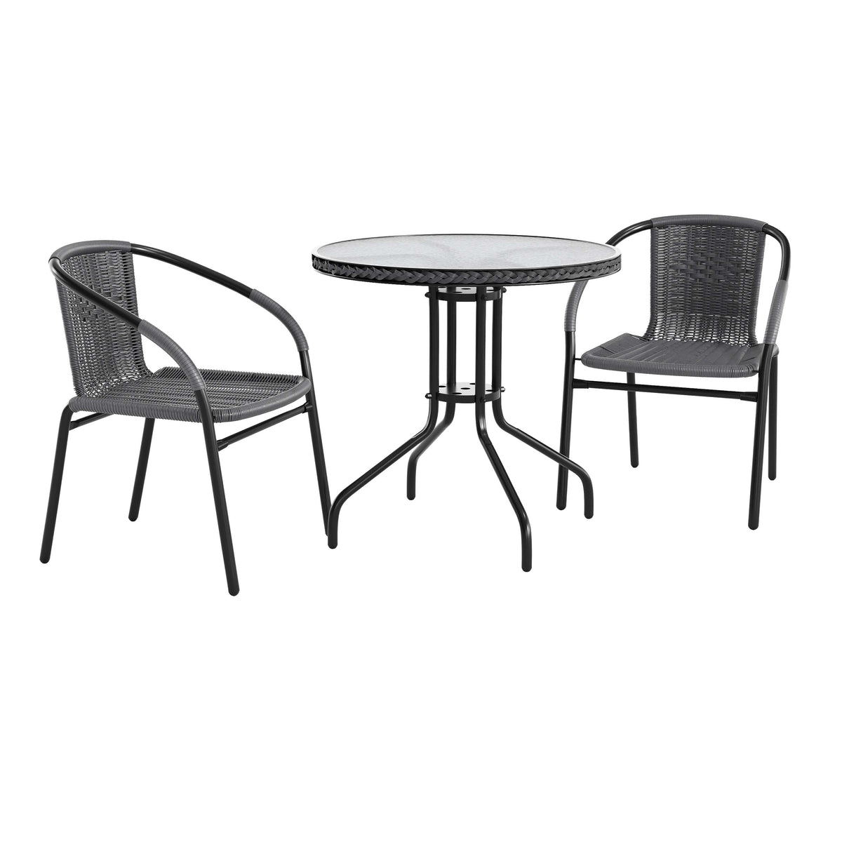 28'' Round Glass Metal Table with Rattan Edging and 2 Rattan Stack Chairs