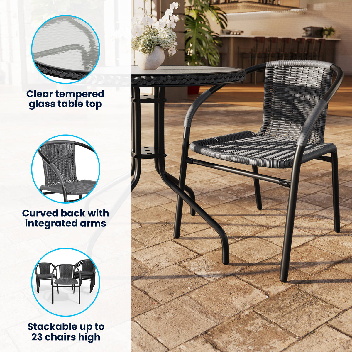 28'' Round Glass Metal Table with Rattan Edging and 2 Rattan Stack Chairs - Image 3