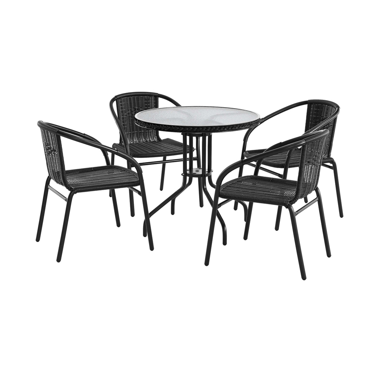 28'' Round Glass Metal Table with Rattan Edging and 4 Rattan Stack Chairs
