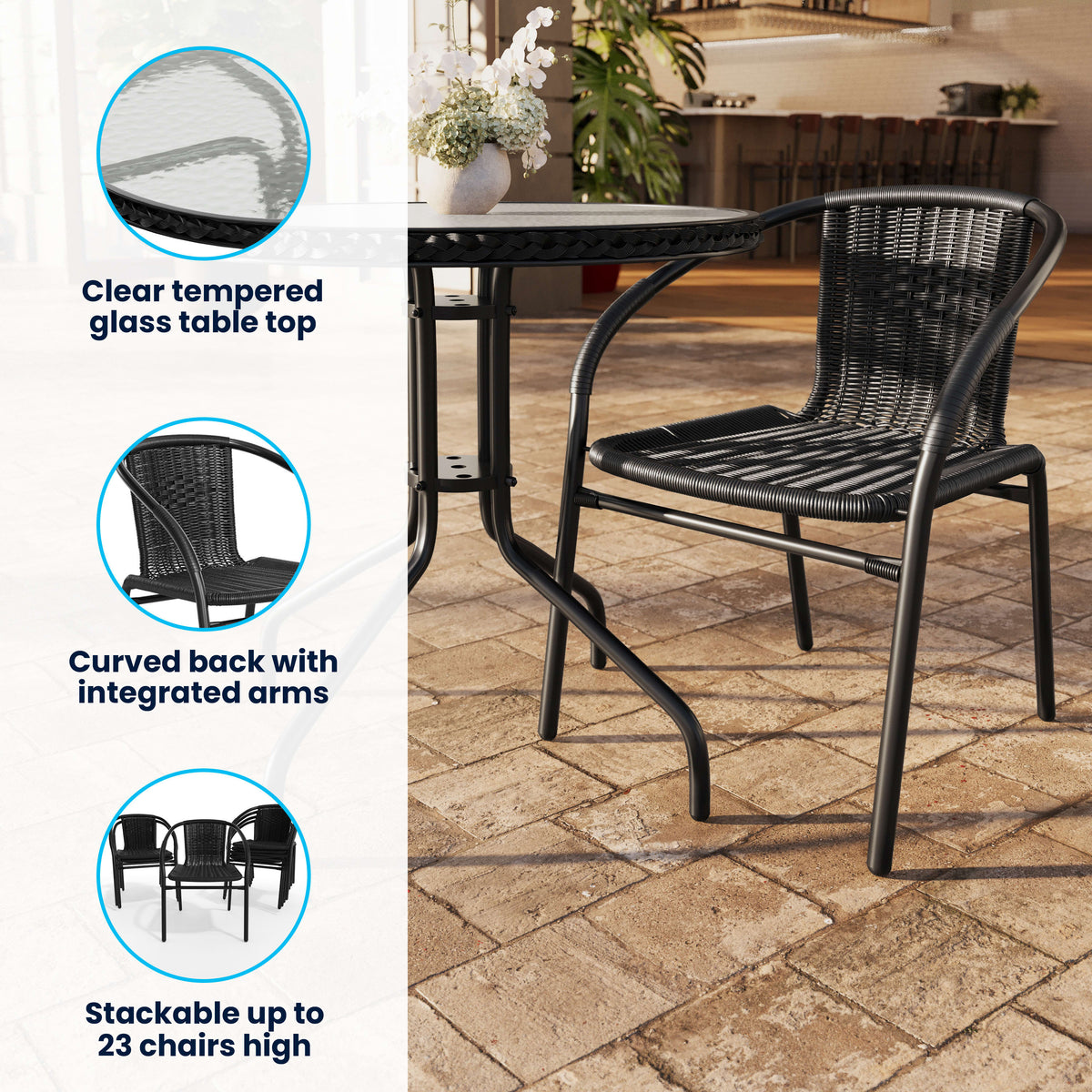 28'' Round Glass Metal Table with Rattan Edging and 4 Rattan Stack Chairs - Image 3