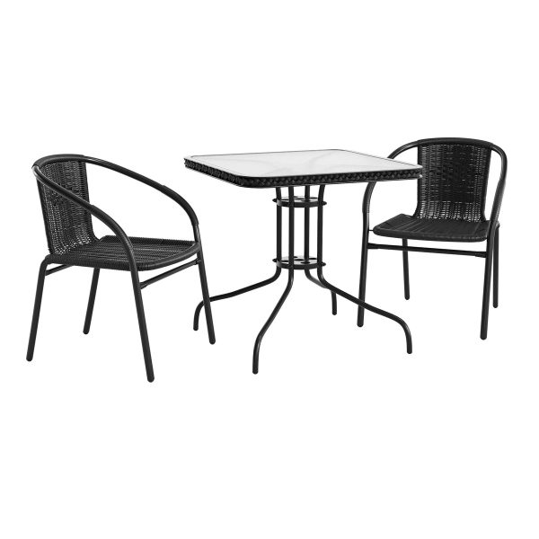 28'' Square Glass Metal Table with Rattan Edging and 2 Rattan Stack Chairs