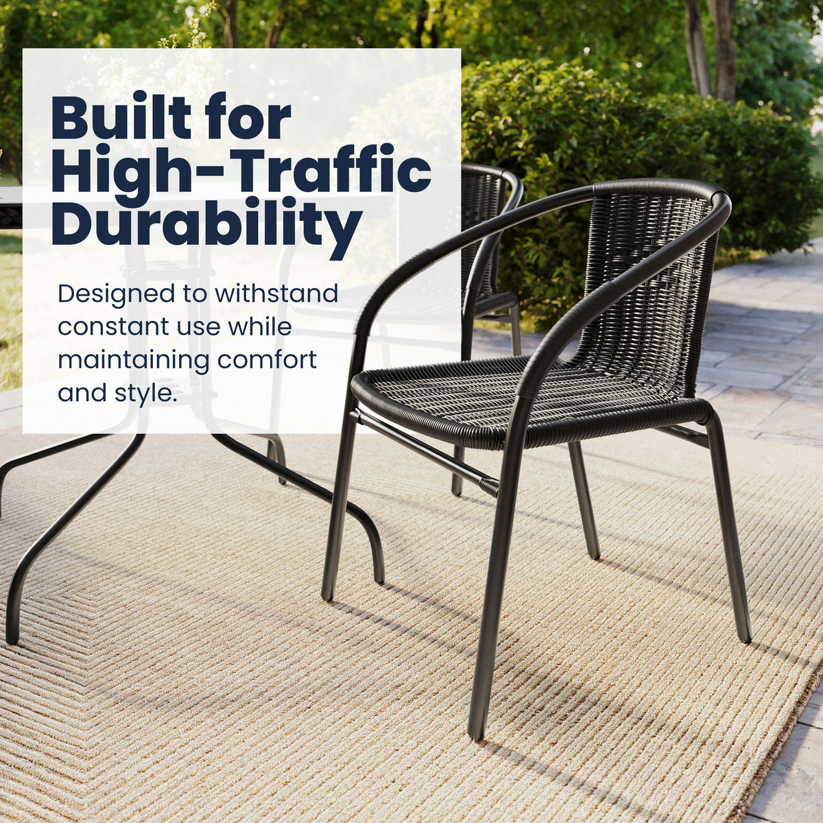 28'' Square Glass Metal Table with Rattan Edging and 2 Rattan Stack Chairs - Image 4