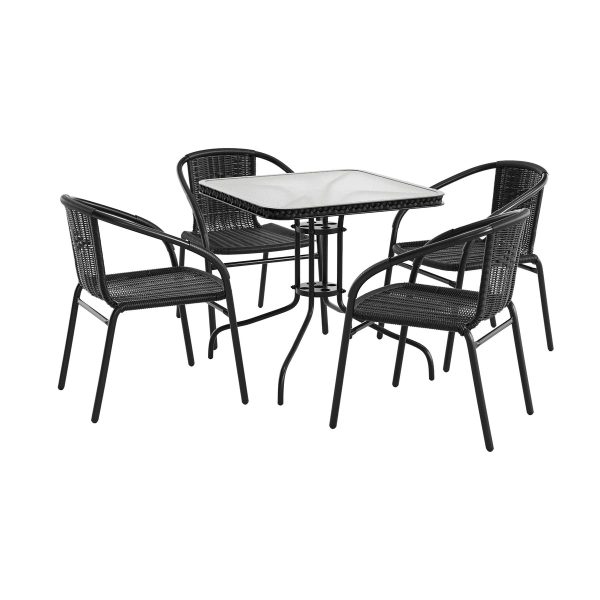 28'' Square Glass Metal Table with Rattan Edging and 4 Rattan Stack Chairs