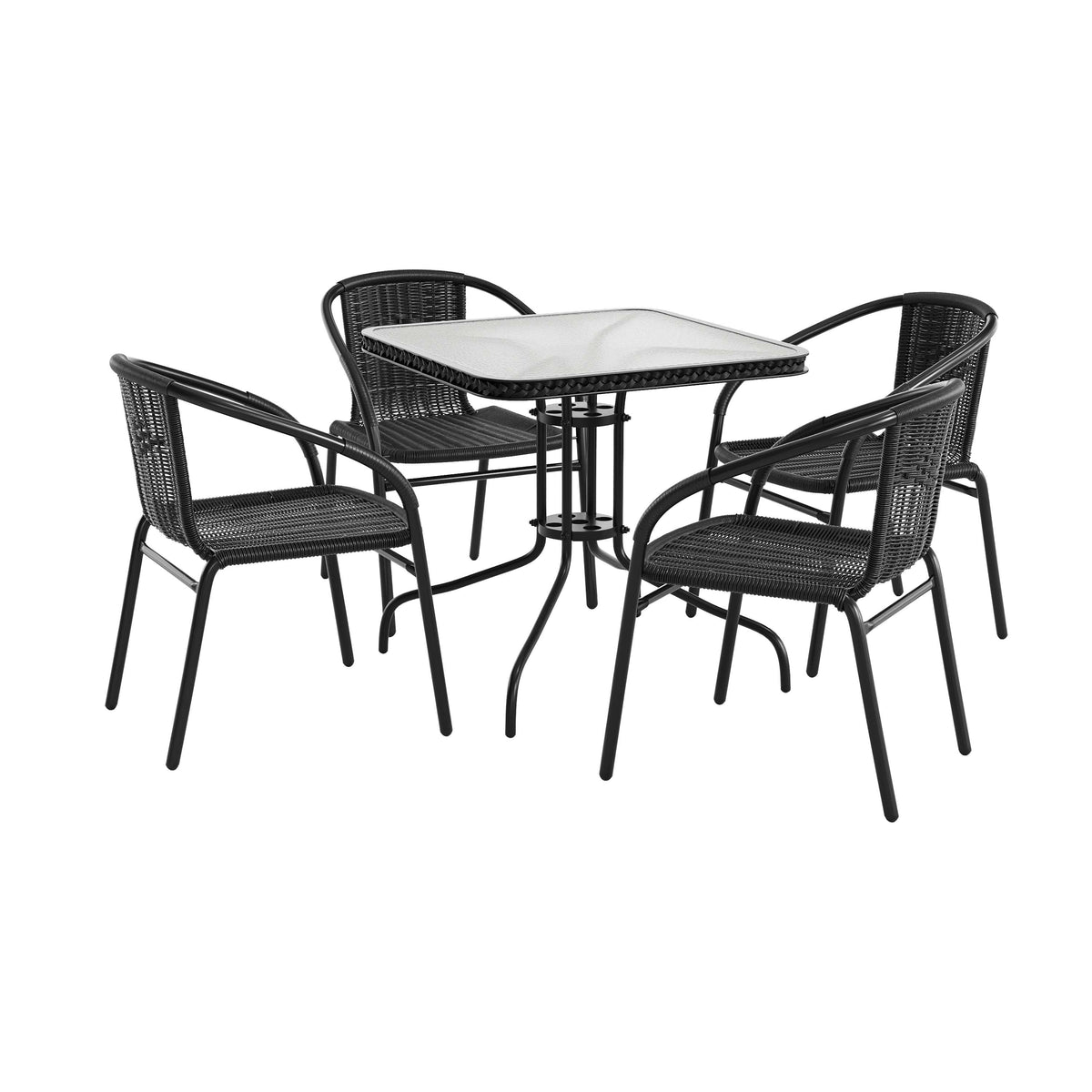 28'' Square Glass Metal Table with Rattan Edging and 4 Rattan Stack Chairs