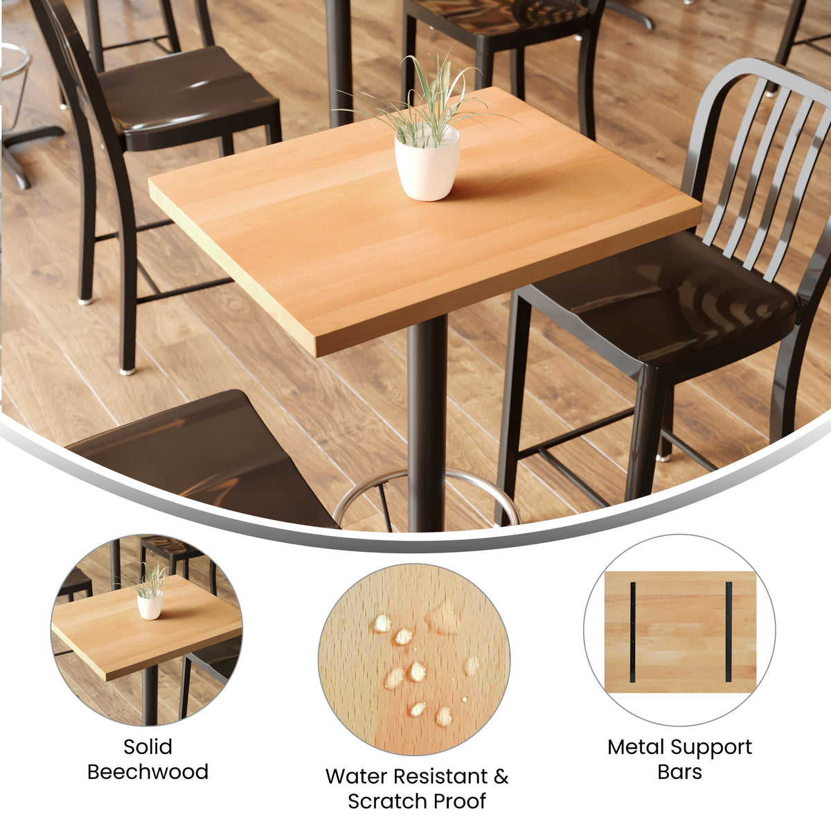 24"W x 30"L Commercial Solid Wood Tabletop with Support Bars for Indoor Use - Image 3