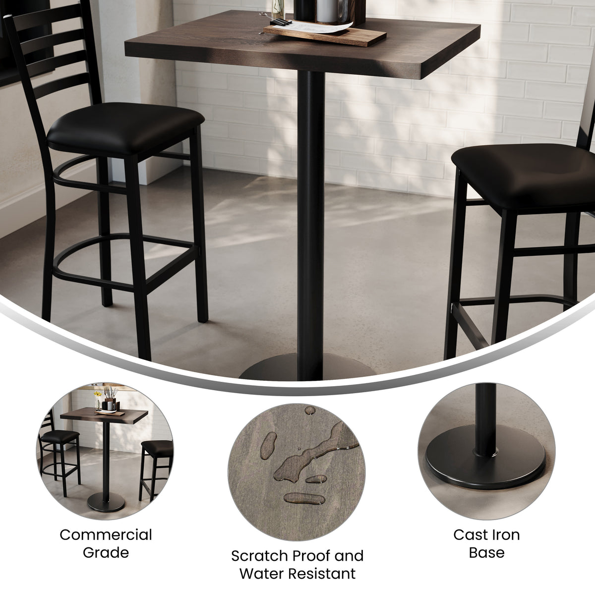 30"L x 24"W Solid Wood Commercial Tabletop with 18" Bar Height Base - Image 3