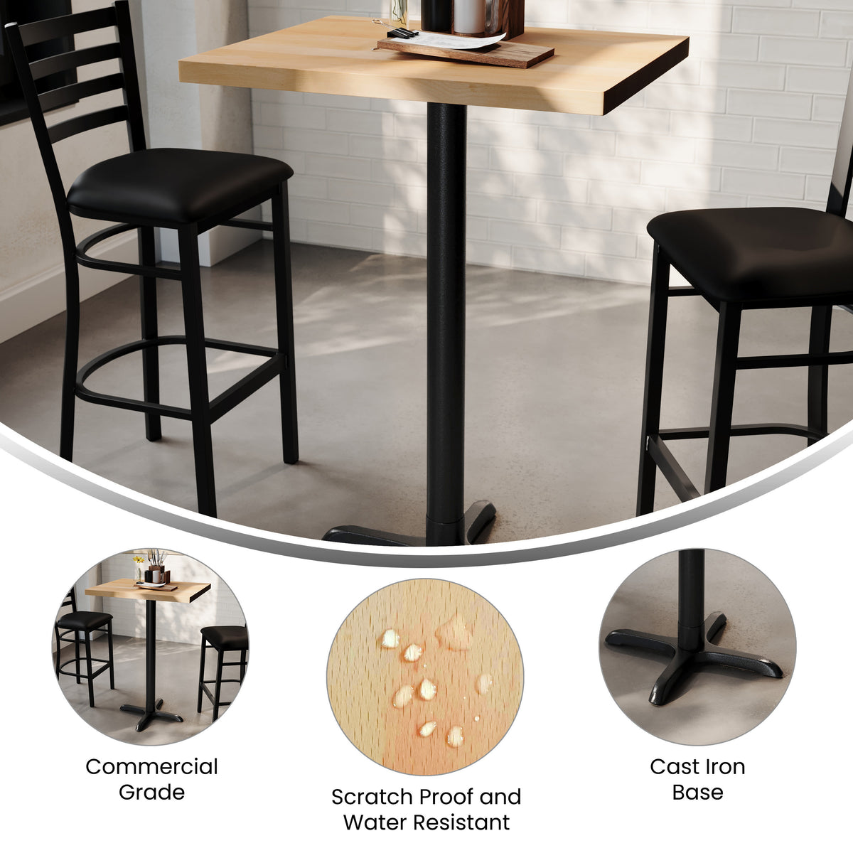 30"L x 24"W Solid Wood Commercial Tabletop with 22" x 22" Bar Height X-Base - Image 3