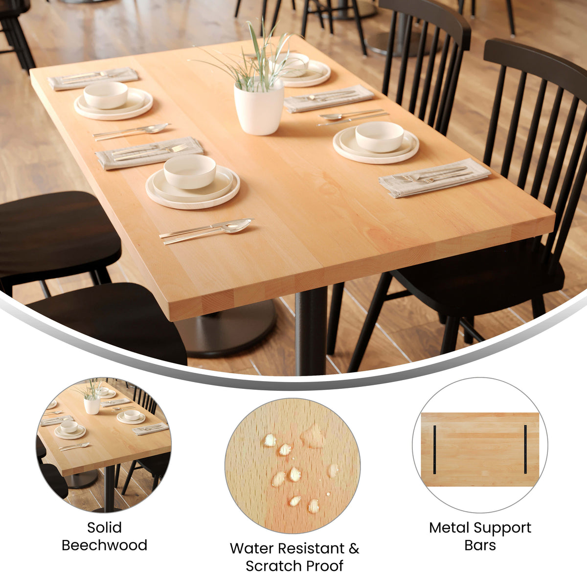 30"W x 48"L Commercial Solid Wood Tabletop with Support Bars for Indoor Use - Image 3