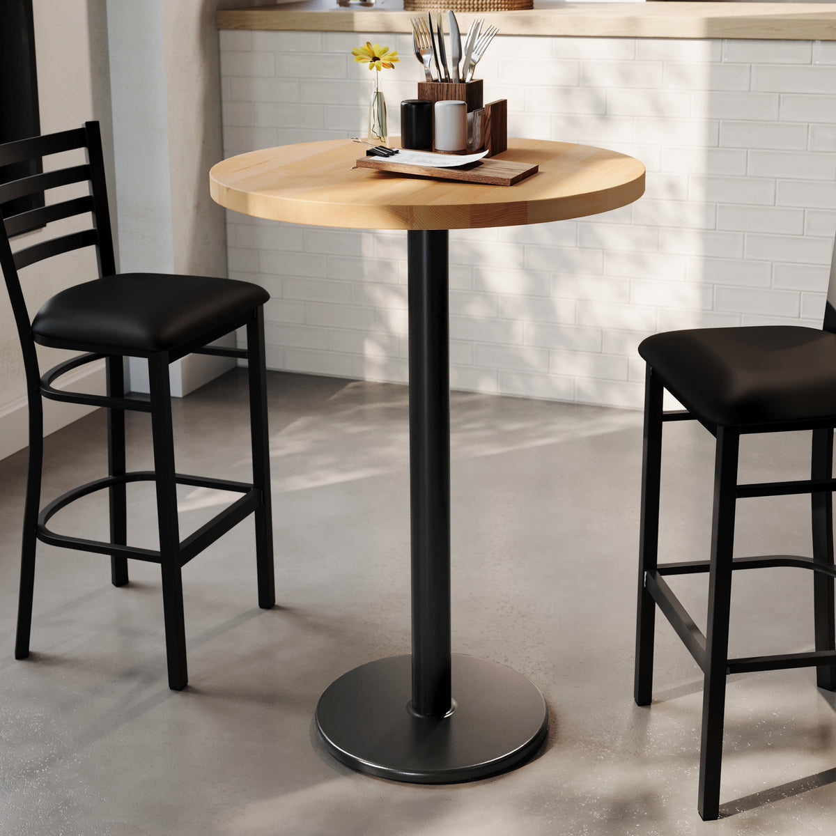 30" Round Solid Wood Commercial Tabletop with 18" Bar Height Base - Image 2