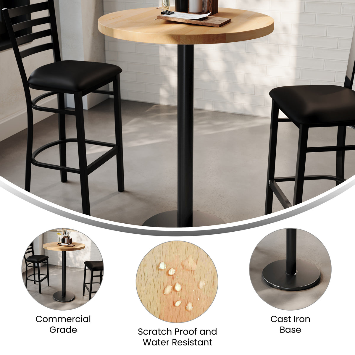 30" Round Solid Wood Commercial Tabletop with 18" Bar Height Base - Image 3