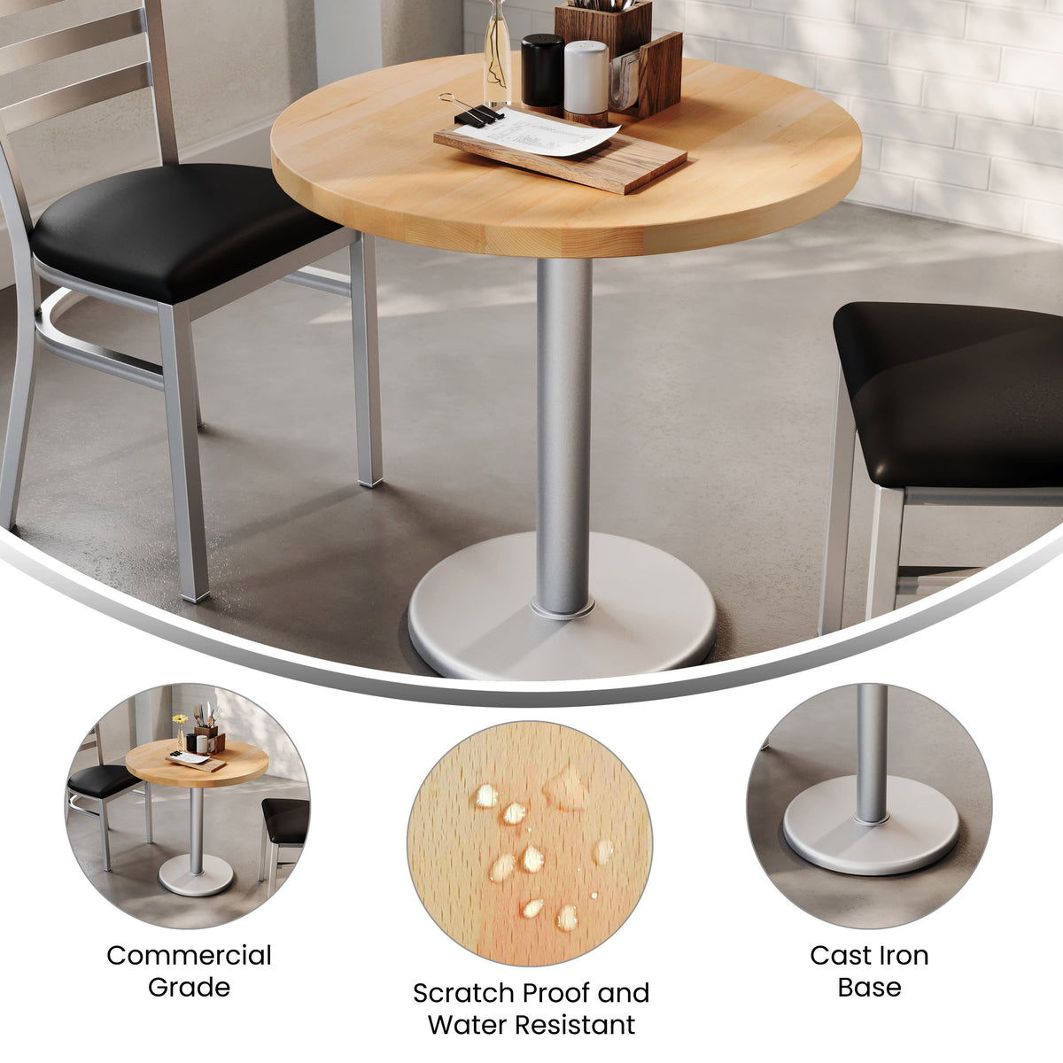30" Round Solid Wood Commercial Tabletop with 18" Dining Height Base - Image 3