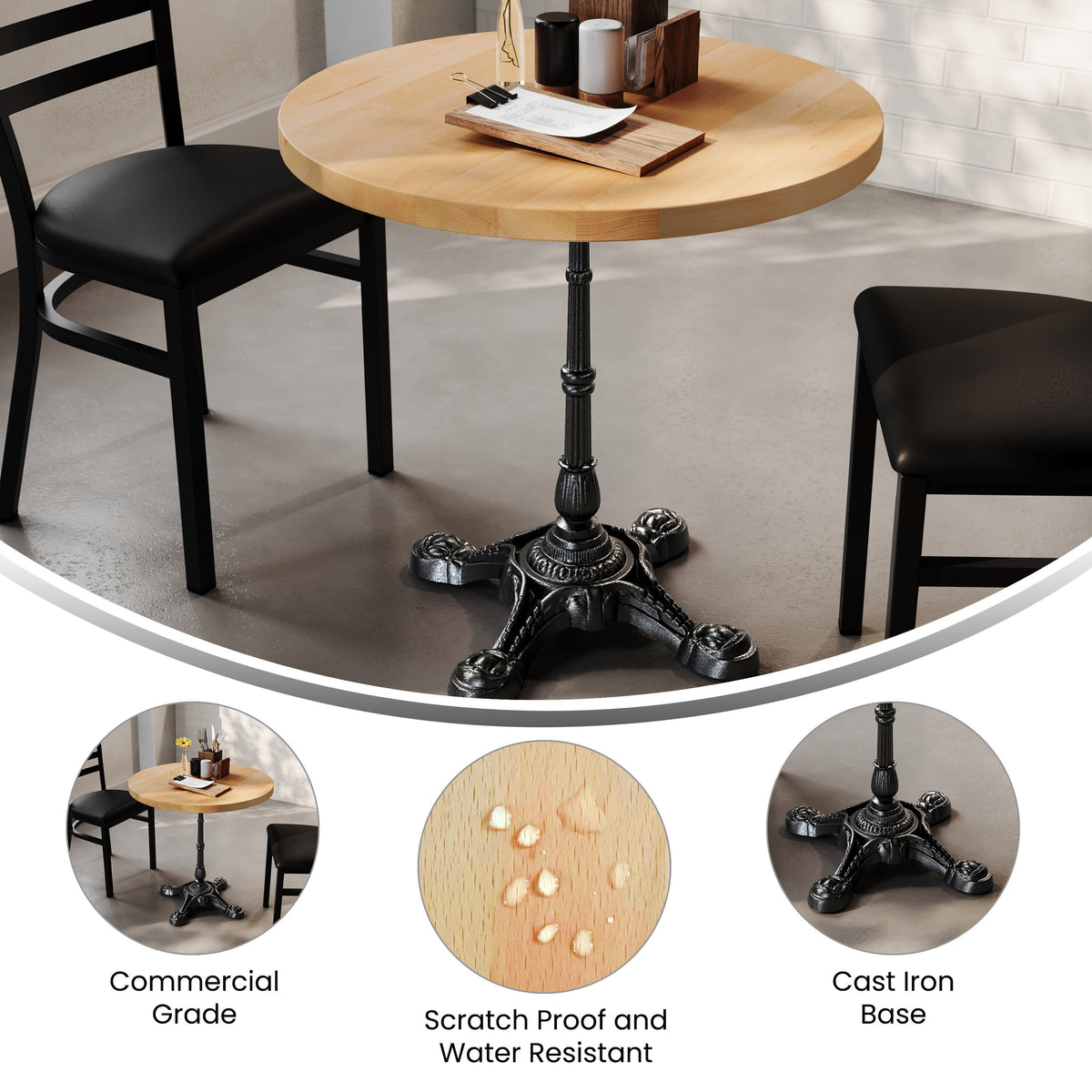 30" Round Solid Wood Commercial Tabletop with 22.75" x 22.75" Bistro Table Base - Image 3